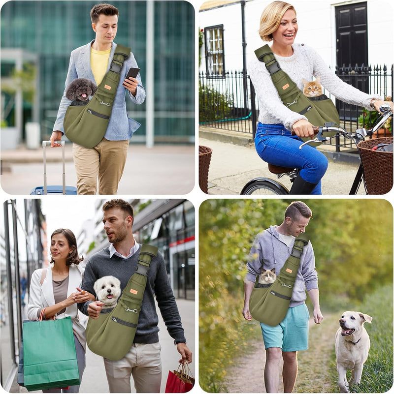 CUBY Puppy Carrier, Adjustable Reversible Cat Dog Sling Carrier for Small Medium Dogs Hands-free Puppy Sling Protect Shoulder Strap with Safety Belt Zipper Pocket Bottom Mat Military Green