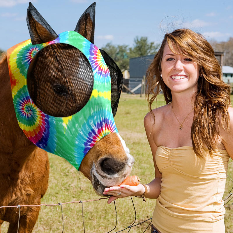 Chunful 6 Pcs Horse Fly Masks with Ears Smooth and Comfortable Mesh Fly Mask Elasticity Breathability UV Protection Horse Face Covering for Riding Supplies(Tie Dye,Medium) Tie Dye Medium