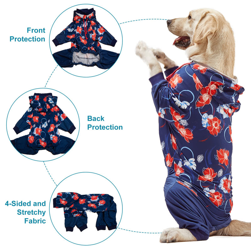 LovinPet Big Dogs Breeds Jammies, Wound Care/Post Surgery Clothes, Pet Anxiety Onesies for Dogs, Lightweight Stretchy, Large Breed Dog Pajamas, Reflective Stripe, Floral Navy & Red Print, Pet PJ's/XL X-Large Blue