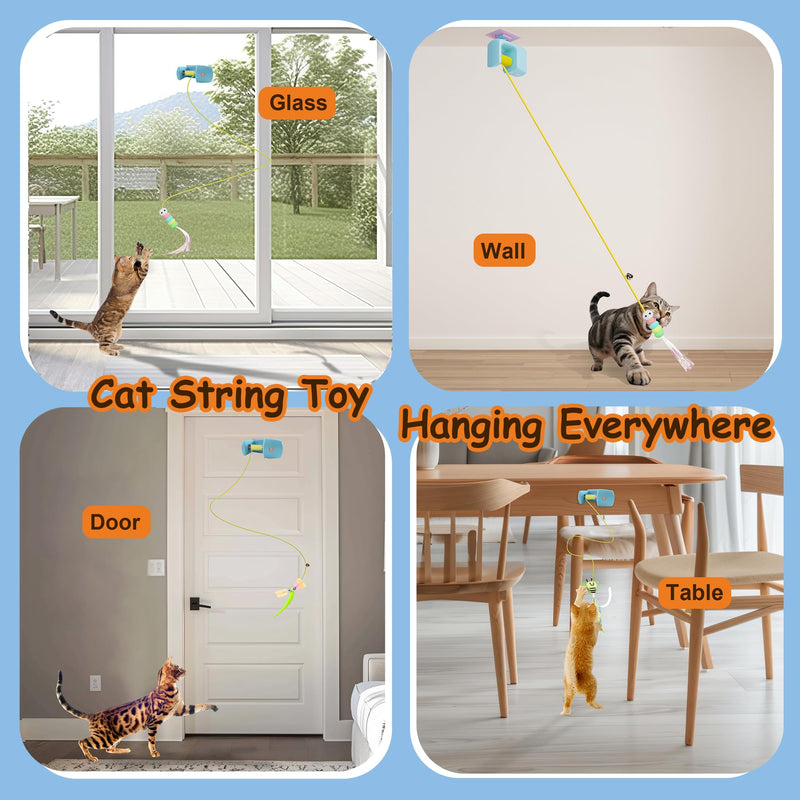 Interactive Hanging Cat Retractable String Toys for Indoor Kittens and Bored Adult Cats with 3 Flying Feathers, Automatic Electric Teaser for Enrichment and Chase, Rechargeable, Blue - PawsPlanet Australia