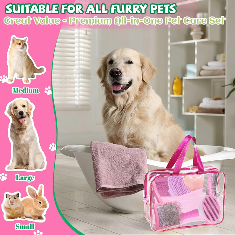 8PCS Dog Slicker Brush for Dogs Grooming Kit,Bath Grooming Kit for Pets,Hair Brush Set with Towel,Washing Gloves,Slicker Comb,and Shampoo Scrubber Brush for Small and Large Dogs and Cats Cats(Pink) Pink - PawsPlanet Australia