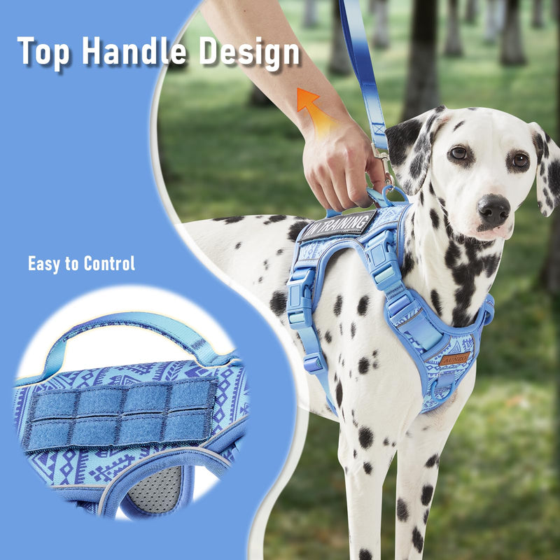 No Pull Dog Harness for Large Dogs with 2 Metal Clips, Easy On/Off with Neck Buckle, Heavy Duty Adjustable Tactical Puppy Vest, Breathable Pet Harness with Easy Control Handle, Blue L Blue Ethnic