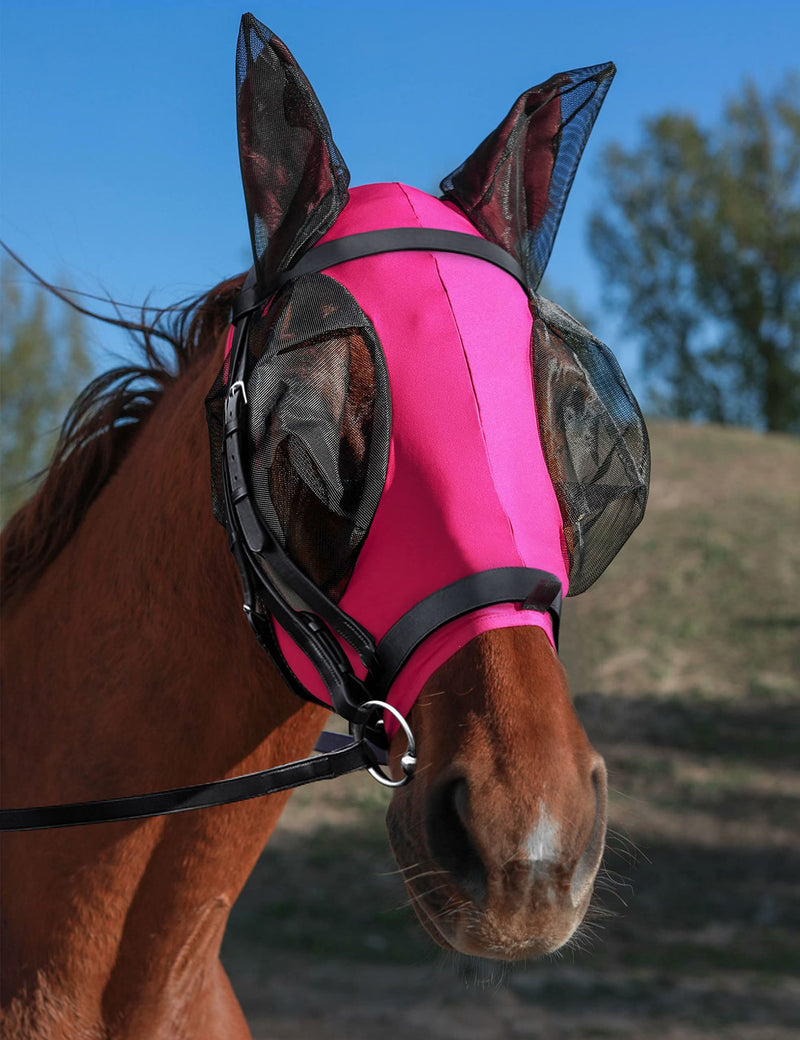 Horse Fly Mask with Ears, UV Protection, Breathable Mesh, Snug Fit Wear Under Halter, Fly Mask for Horses Hot Pink Full Size Large