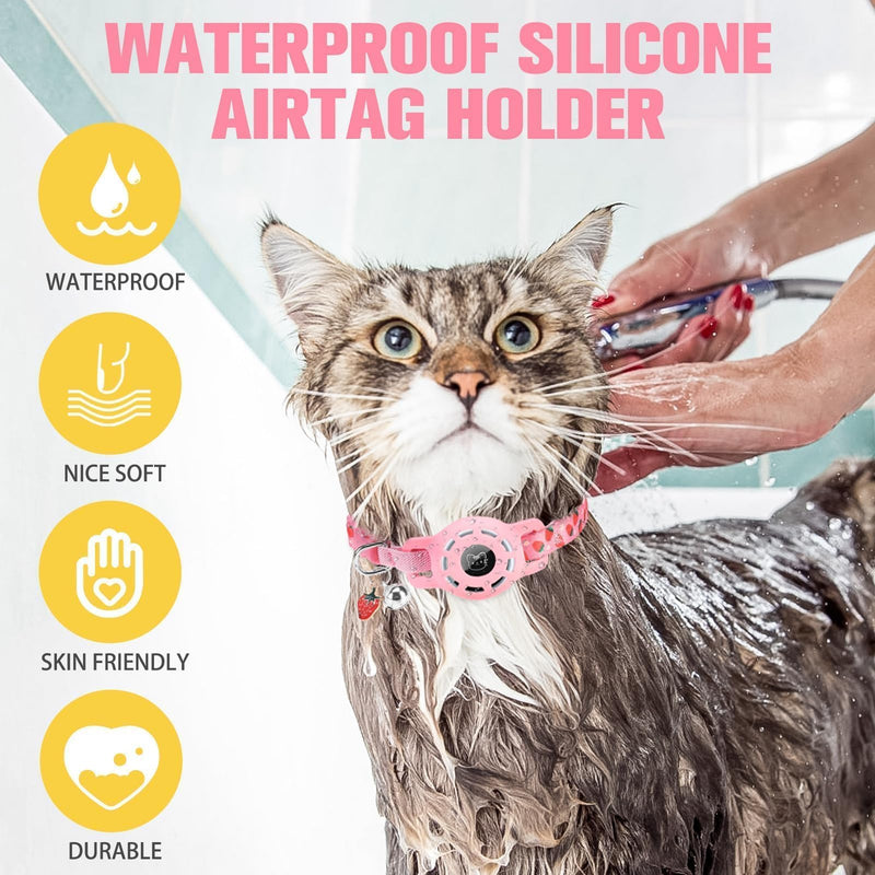 BINGPET AirTag Cat Collar with Bells, Upgraded Safety Elastic Cat Collar with Airtag Cat Collar Holder, Anti-Lost Cat Collars for Girl Boy Cats, Anti-Suffocation Kitty Puppy Collars Pink - PawsPlanet Australia