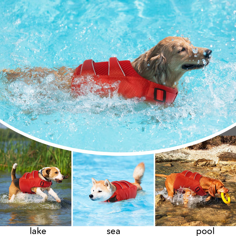 DENTRUN High Visibility Dog Life Jacket, Dog Life Vest for Swimming Boating Puppy Life Preserver Floatation Safety Pool Lake Reflective Float Coat Wetsuit & Rescue Handle for Medium Dog, Red