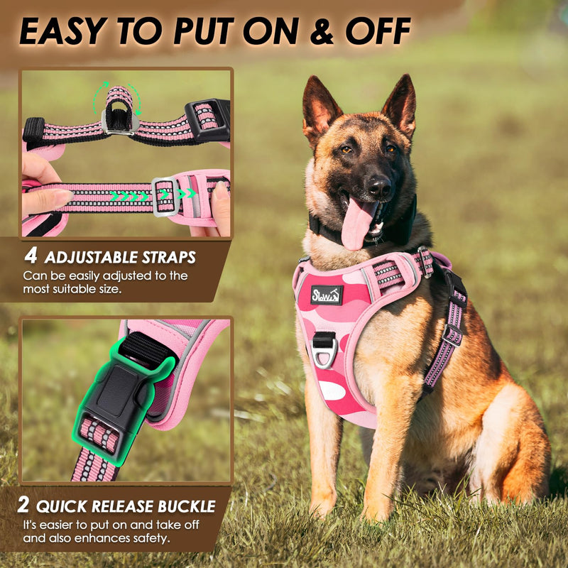Dog Harness Large Dog, Anti Pull Adjustable Heavy Duty Pet Vest with 2 Clips, Easy Control Escape Proof Puppy Harness with Soft Padded Handle Reflective for Outdoor Training Walking, XL Camo Pink XL(Neck: 55-83cm, Chest: 50-94cm) - PawsPlanet Australia