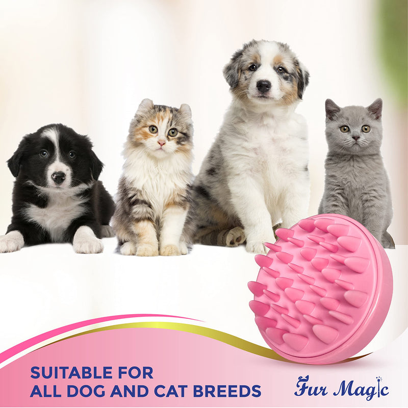 Fur Magic Dog Bath Brush, Therapeutic Pet Grooming Brush for Shampoo and Massage, Soft Silicone Washing Comb, Removes Loose Undercoat, Mats and Knots, Pink