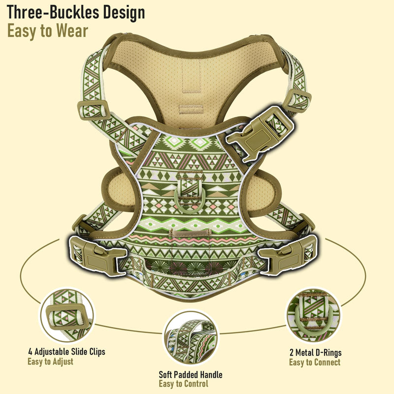 Dog Vest Harness for Medium Sized Dogs, No Pull Harness with 2 Metal Leash Clips, Easy On/Off with Neck Buckle, Adjustable Reflective Oxford Dog Vest with Easy Control Handle, French Bulldog Green Ethnic - PawsPlanet Australia