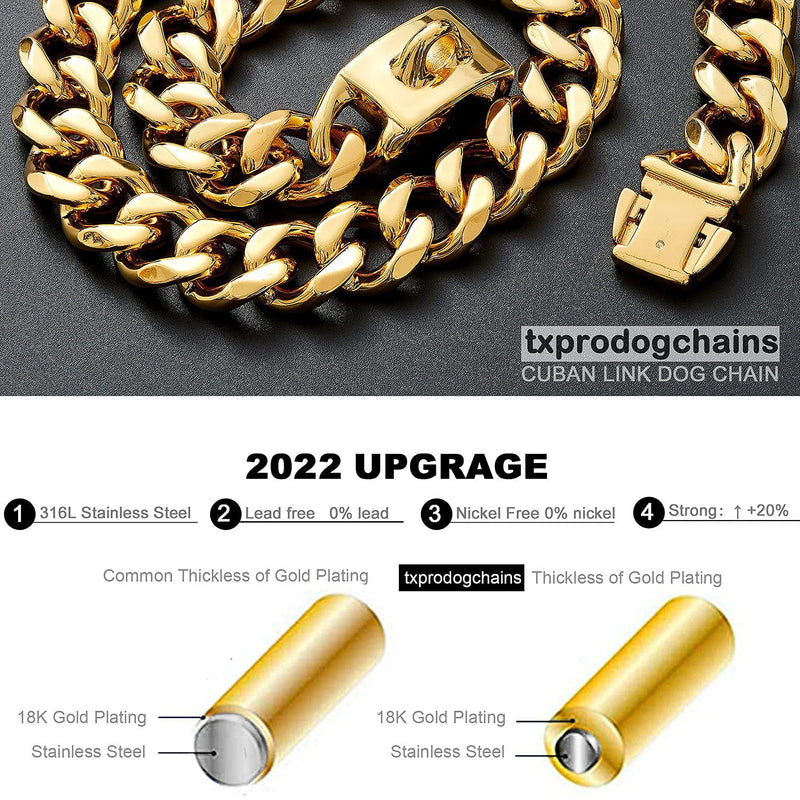 txprodogchains Big Dog Chain Collar with Buckle Strong Heavy Duty 19MM Thick Wide Stainless Steel Metal 18K Gold Cuban Link Chain Collar for Large Dogs 26" ( Fits Neck 24" to 25.5") - PawsPlanet Australia