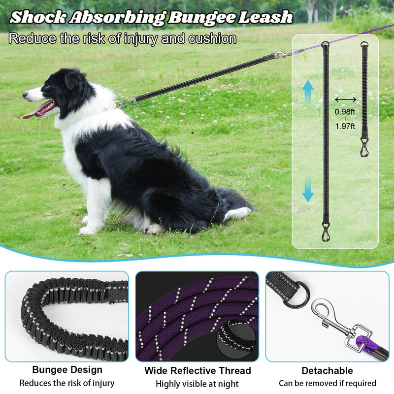 NTR Long Lead, Dog Training Lead with Upgrade Swivel Lockable Hook & Ergonomic Padded Handle, Reflective Bungee Cute Dog Leash, Purple, 10ft*3/8'' 10ft*3/8"