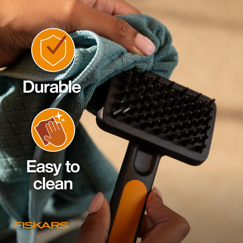 Fiskars Pet Massage Brush, Cat and Dog Brush, Flexible Silicone Bristles & SoftGrip™ Handle for Gentle Deshedding, 6.5”, Orange/Black