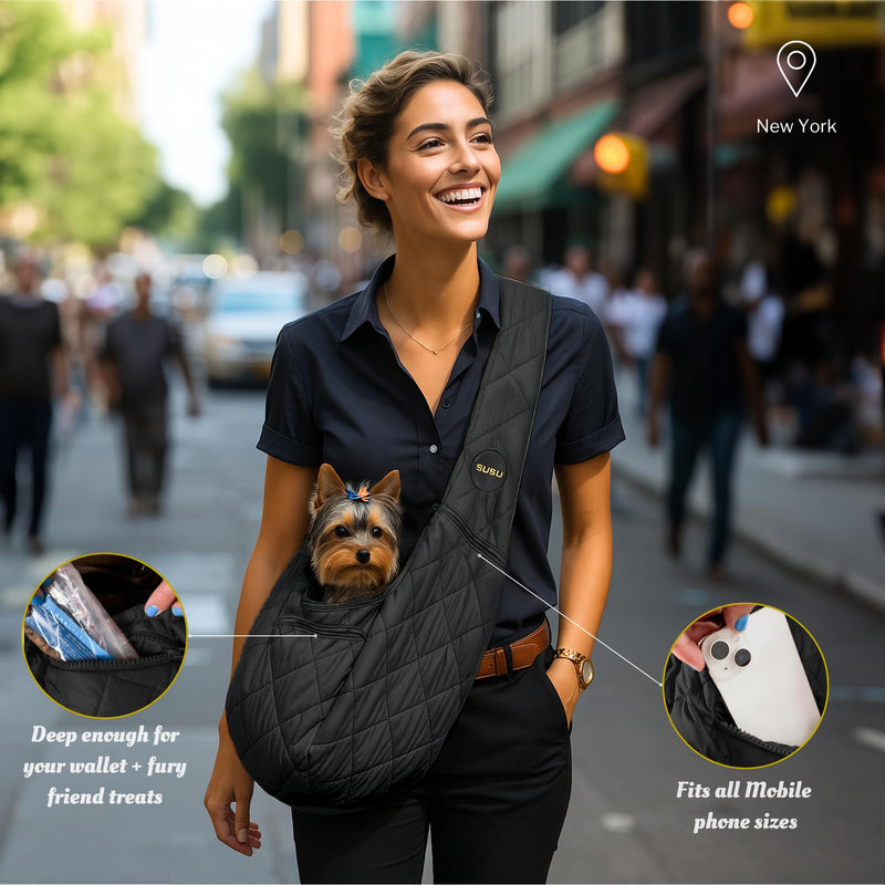 SUSU Small Dog Sling Carrier – Silk Black 2‑in‑1 Cross‑Body & Handheld Pet Sling for Small Dogs up to10 lbs, Ultra‑Soft Parachute‑Grade Nylon, Safety Tether & Dual Zippered Pockets - PawsPlanet Australia