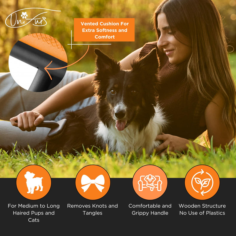 Black Medium Dog Slicker Brush for Dogs and Cats Grooming | Detangle, Fluff & Volumize | Soft Vented Cushion | Matt Rubberized Paint | Ergonomic Handle | Wire Brush | Orange Details - PawsPlanet Australia