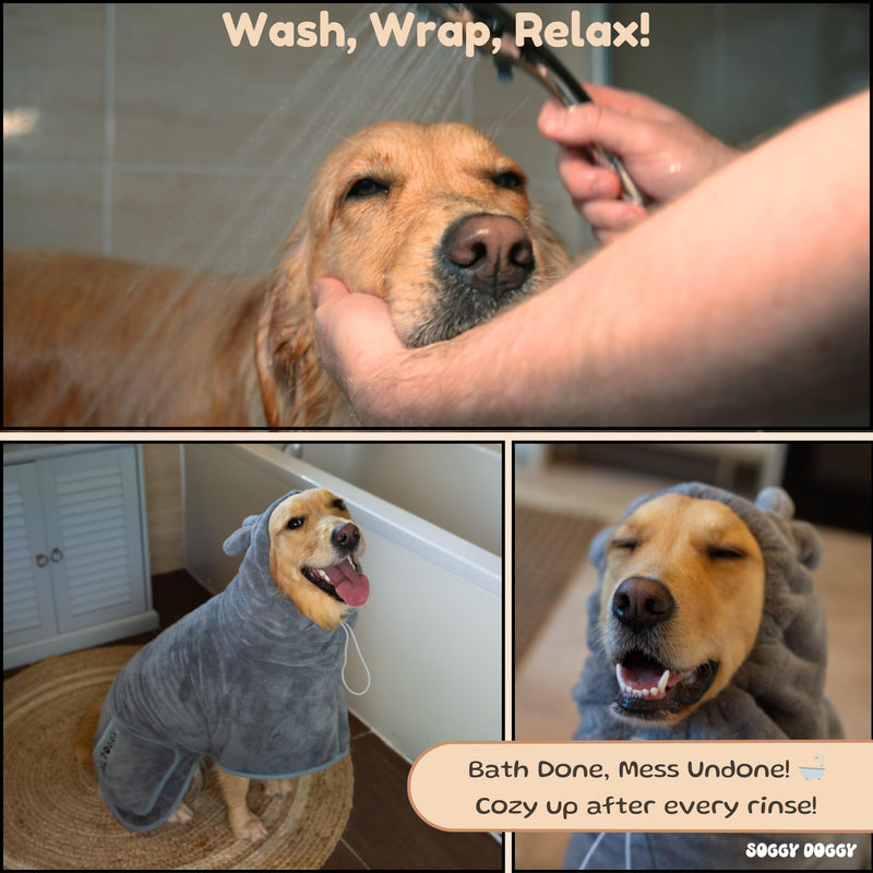 SOGGYDOGGY® US: Luxury Dog Bathrobe, Super Absorbent Microfiber Dog Bath Supplies, Fast Dry in Minutes, Thick & Soft Robe - Pet Grooming, Wash & Pet Hair Dryer - All-Season Dressing Gown (M) Gray M (17-24in) - PawsPlanet Australia