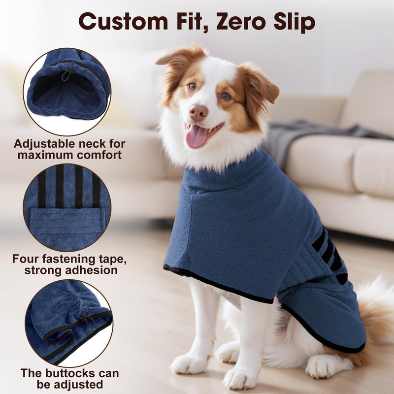 Microfibre Dog Bathrobe Towel Wrap Super Absorbent Dog Drying Coat Bath Robe for Puppy, Medium & Large Dogs, Fast Drying, Adjustable Dark Blue XX-Large - PawsPlanet Australia