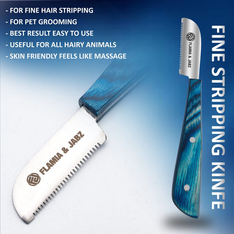 FLAMIA & JABZ FJ Professional Stripping Knife kit (6 pieces set) for Dogs & Pets, Wooden Handle Grip with Stainless Steel Blade (Right handed) (Blue) Blue - PawsPlanet Australia