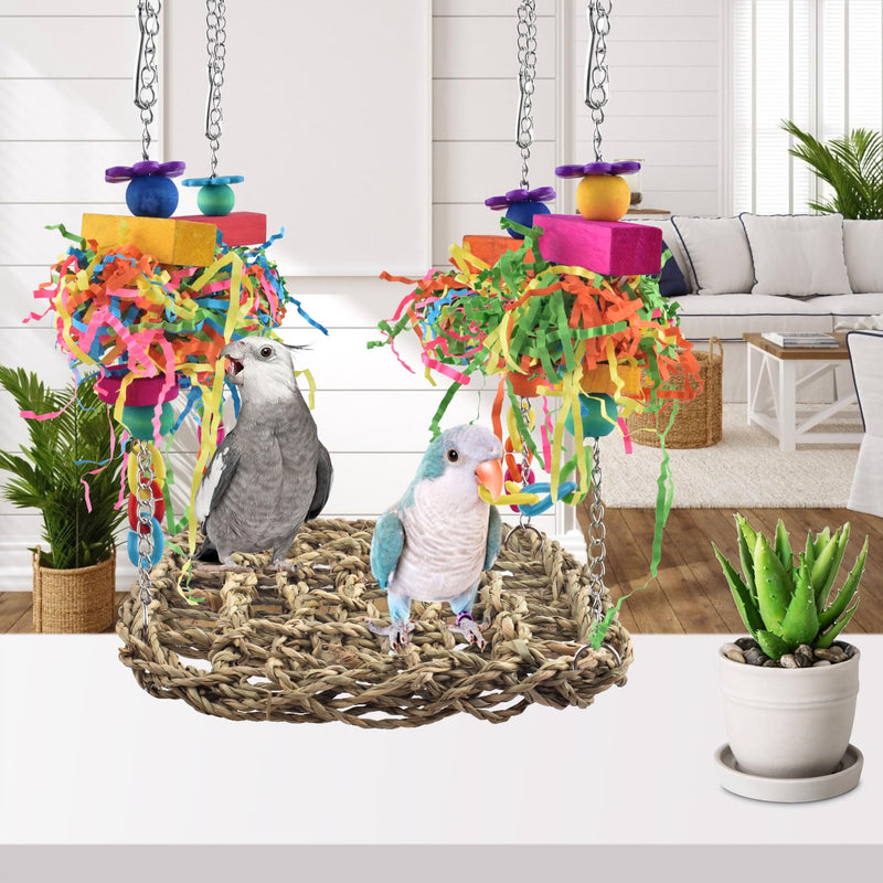 KATUMO Conure Toys, Bird Grass Swing Mat Parrot Climbing Hammock with Colorful Toys for Parakeet, Cockatiel, Sun Conure, Lovebird, Budgie, Small Birds 6.4 x 6.4 x 0.78 inch - PawsPlanet Australia