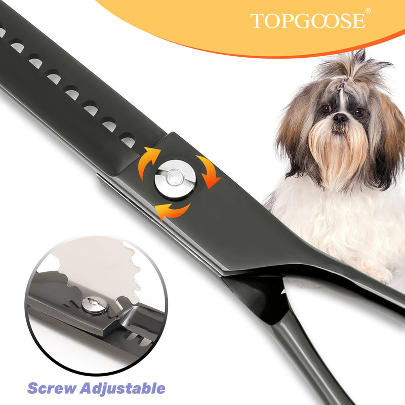 TOPGOOSE Dog Grooming Scissors Kit, Professional 6 in 1 Pet Scissors Sharp Shears Set - Straight, Thinning, Chunker, Curved Shears and Comb for Long Short Hair for Dog Cat (Set, Black) - PawsPlanet Australia