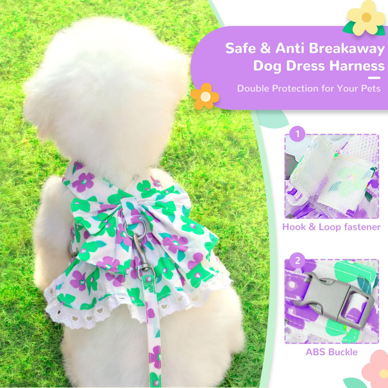Dog Harness Dress Leash Set for Small Dog Summer Clothes Girl Female Puppy Cats Outfits Cute Floral Bowknot Princess Birthday Dress for Extra Small Pet Doggie Kitten Outfits Apparel(Green,XS) X-Small Green