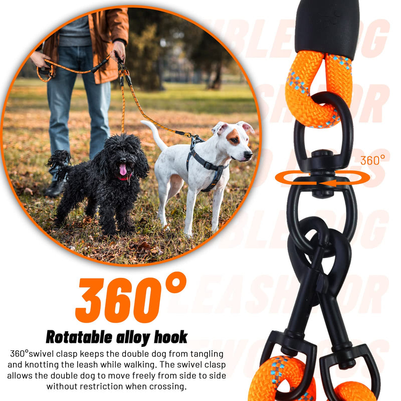 Double Dog Leash for Two Dogs, Heavy Duty Reflective Double Leashes for 2 Dogs, 360° Swivel Dual Dog Leash Tangle Free Large Dogs & Medium Dogs, with 2Pcs Dog Poop Bag Holder, Orange - PawsPlanet Australia