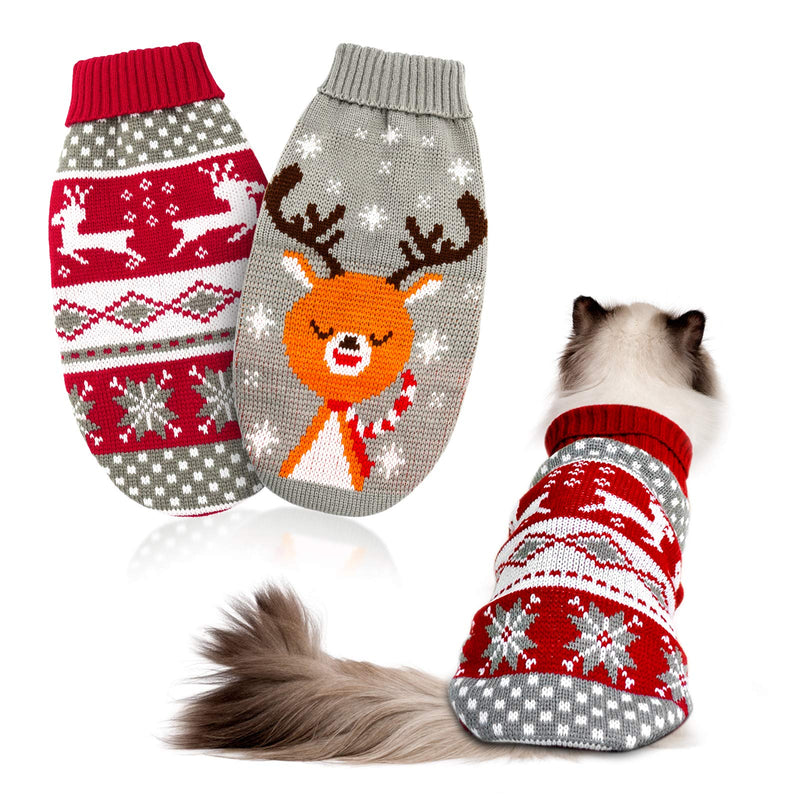 HYLYUN Cat Christmas Sweater 2 Packs - Puppy Christmas Sweater Pet Reindeer Snowflake Sweaters for Kittys and Small Dogs S Grey and Red (Pack of 2)