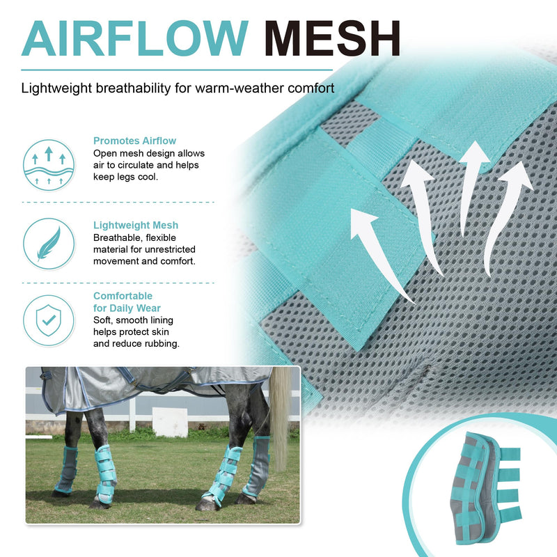 Horse Fly Boots Set of 4 - No-Rub Airflow Mesh Leggings to Reduce Stomping - Stay-on Breathable Horse Leg Wraps for Pasture, Stable & Field Green Full