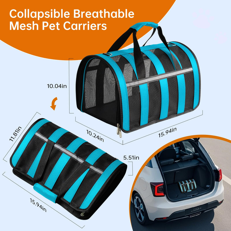 Airline Approved Cat Carrier for Small & Medium Pets up to 15 Lbs, Soft-Sided Collapsible Travel Carrier with Breathable Mesh, Lightweight & Portable Design Blue 16.4''Lx10.3''Wx9.4''H - PawsPlanet Australia