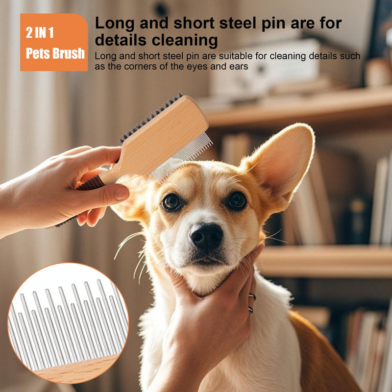 2 IN 1 Pin And Boar Bristle Brush for Dogs & Cats, Shedding Grooming Dog Brush for Short Haired Dogs, Cats, Pets with Beech Wood Rubber Handle - PawsPlanet Australia