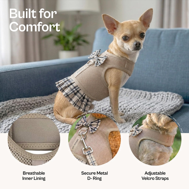 Parisian Pet Plaid Khaki Dog Harness Dress - Breathable No Pull Puppy Dress with Leash Ring - 100% Mesh Fabric Harnesses for Dogs - Soft Padded Step in Pet Vest - Dog Harness for Large Sized Dogs L Plaid/Khaki Dress - PawsPlanet Australia