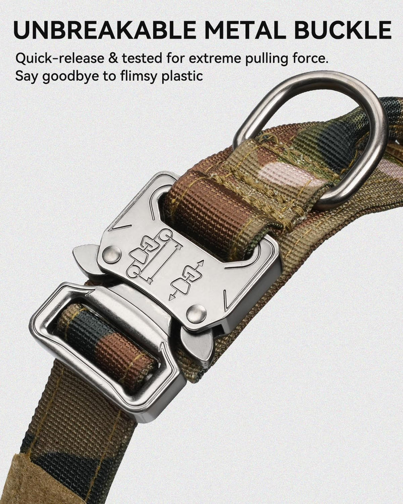 Joytale Tactical Dog Collar with Handle and Metal Buckle, Heavy Duty Padded Military Collar with 2 Patches for Training, Adjustable for XLarge Dogs, Camouflage, XL