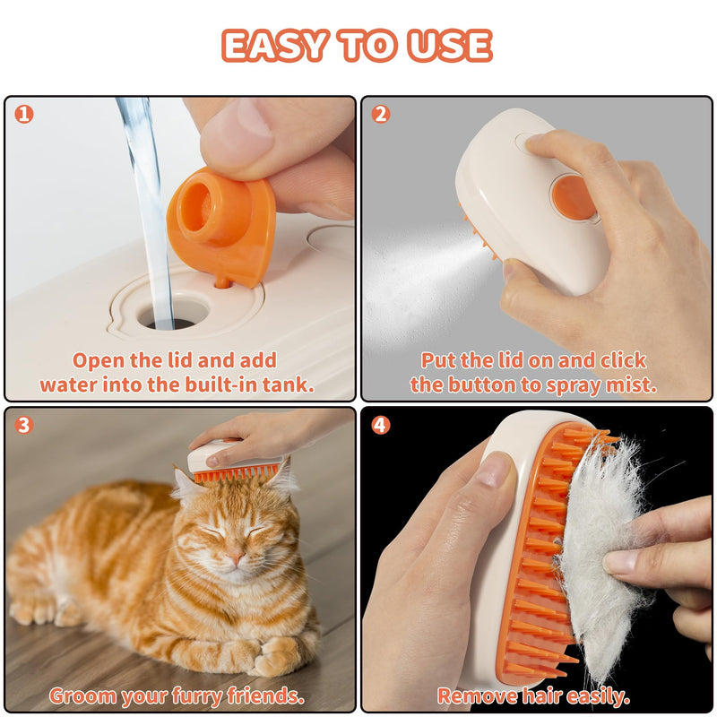 3 in 1 Steam Cat Hair Brush: Spray, Massage and Bath Cleaning for Dogs and Cats, Soft Silicone Brush for Hair Removal, Self-Cleaning Feature for Easy Use Orange & White - PawsPlanet Australia