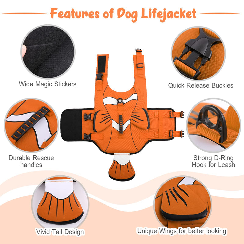 DENTRUN Dog Life Jacket Safety Vests for Swimming, Adjustable Puppy Pool Lake Floats Coat High Visibility Superior Floatation & Rescue Handle, Clownfish Shape Water Vest for Small Medium Large Dog XX-Large Orange