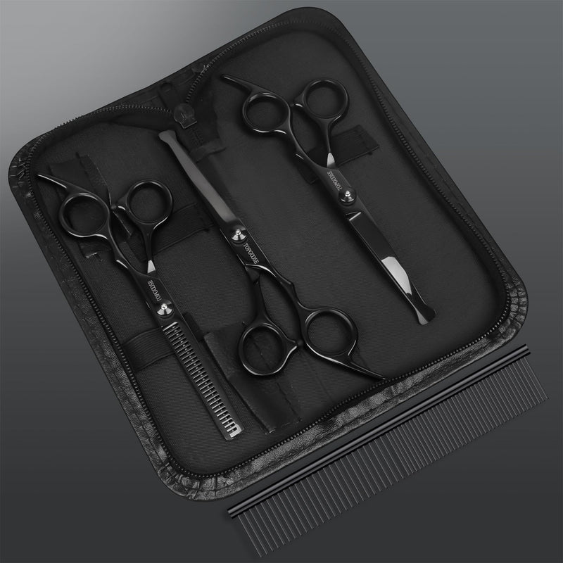 TOPGOOSE Dog Grooming Scissors Kit with Safety Round Tips, Professional 5 in 1 Grooming Scissors for Dogs Cat Pet at Home (Black) Black