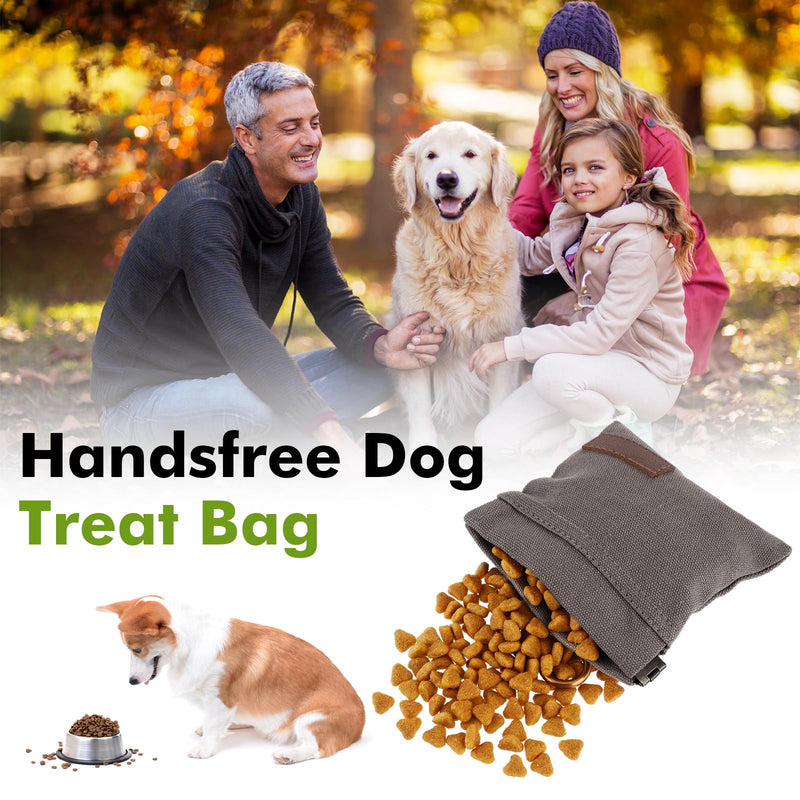 Canvas Dog Treat Pouch, Portable Puppy Dog Training Treat Pouch with Carabiner, Hands-Free Auto Closing Pet Snack Reward Pocket, for Pet Training Travel or Outdoor Use(Grey) Grey - PawsPlanet Australia