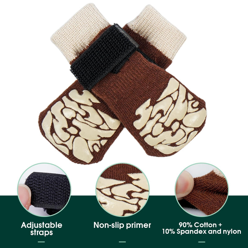 Kuoser Non-Slip Dog Socks, 4 Pcs Socks to Prevent Licking Paws, Paw Protectors for Hot Pavement, Hardwood Floors, Traction Control for Small, Medium, Large Dogs XS Brown
