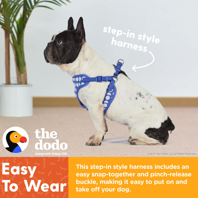 The Dodo Dog Harness, Blue Dodo Print, Size Medium; Easy Step-in Harness for Dogs; Breathable Mesh Fabric; Snap-Together, Pinch Release Buckle, Ring for Leash Attachment; Everyday Pet Apparel - PawsPlanet Australia