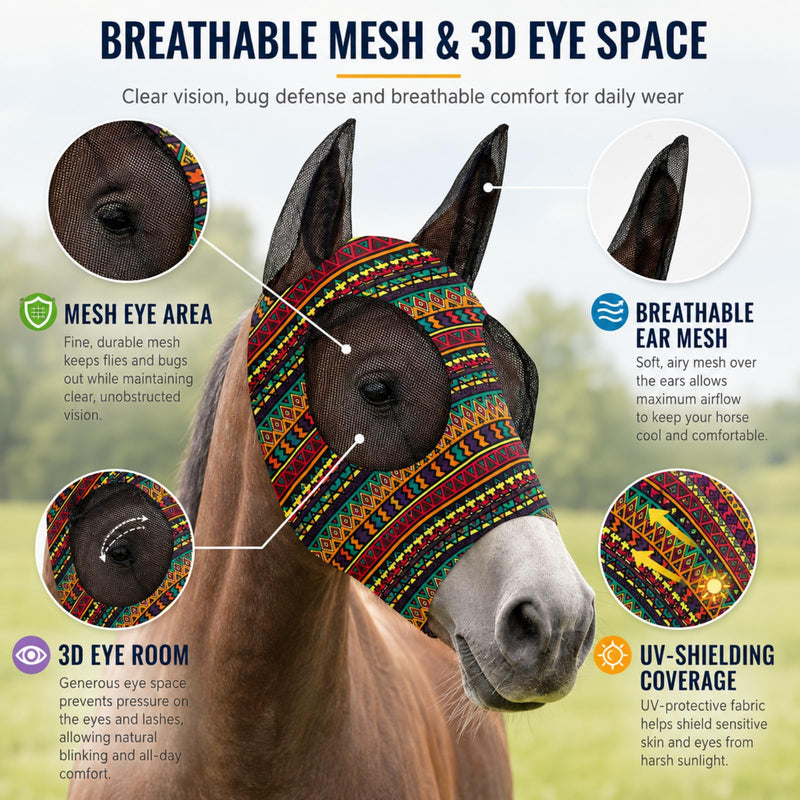 Qualirey 8 Pcs Fly Masks with Ears UV Protection Elastic Horse Face Cover Breathable Mesh for Riding Stable Pasture Supplies(Large,Geometric) Large Geometric