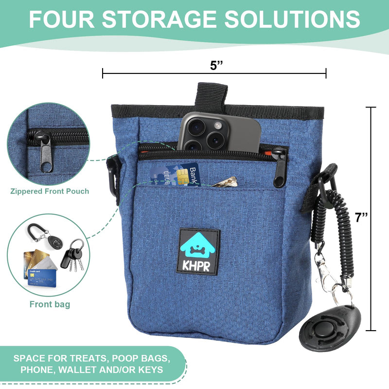 Dog Treat Pouch Magnetic Closure with Training Clicker，Hands-Free Design to Prevent Spills，Built in Poop Bag Dispenser，3 Ways To Wear，Metal Clip Waist Belt and Fanny Pack for Pet Walking（Blue） Blue - PawsPlanet Australia