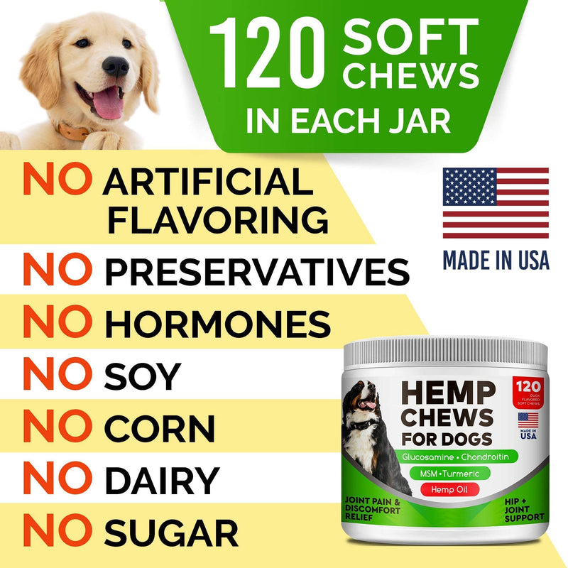 Hemp Chews for Dogs - Glucosamine Chondroitin for Dogs Joint Pain Relief with Hemp Oil, Hip & Joint Supplement Dogs, MSM Turmeric for Dogs Mobility, Dog Joint Supplement, Hemp Dog Treats Joints Health 120 Ct ( Bacon ) (Hip & Joint) Hemp Chews