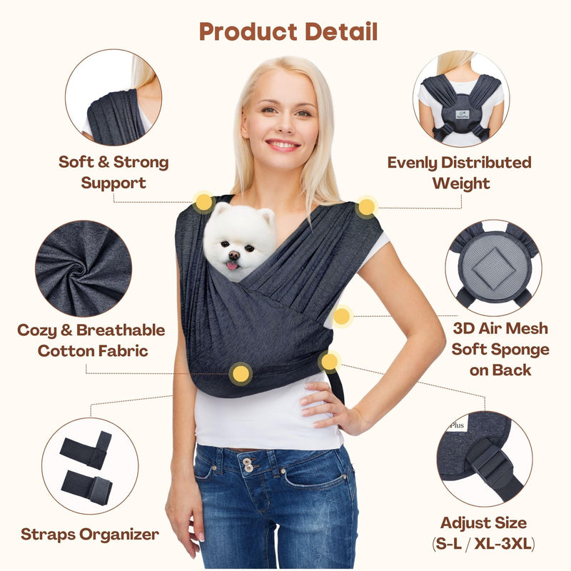 Dog Carrier for Small Dogs, Front Facing Dog Carrier Sling, Hands Free Cat Sling, Size Adjustable, Reducing Back Pain, Soft Cotton, Premium Dog Sling Carrier (Regular, Charcoal Black) Regular - PawsPlanet Australia