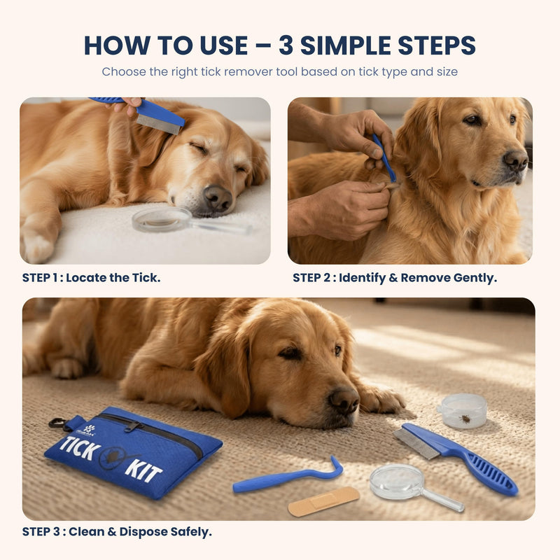 Complete Tick Removal Kit for Dogs & Cats – Tick Remover Tool Set with 3 Size Hooks, Tick Comb & Stainless Steel Precision Tick Remover + Tweezers, Travel Pouch – Safe, Fast Tick Removal