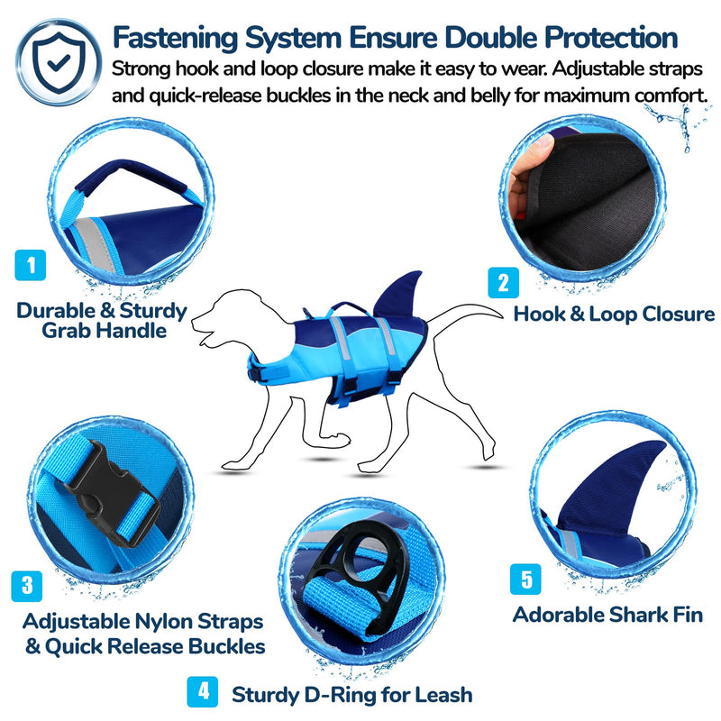 AOFITEE Dog Life Jacket, Dog Life Vest for Swimming, High Flotation Dog Life Vests with Rescue Handle, Reflective French Bulldog Life Jacket, Shark Fin Dog Life Jacket for Small Medium Large Dogs Blue - PawsPlanet Australia