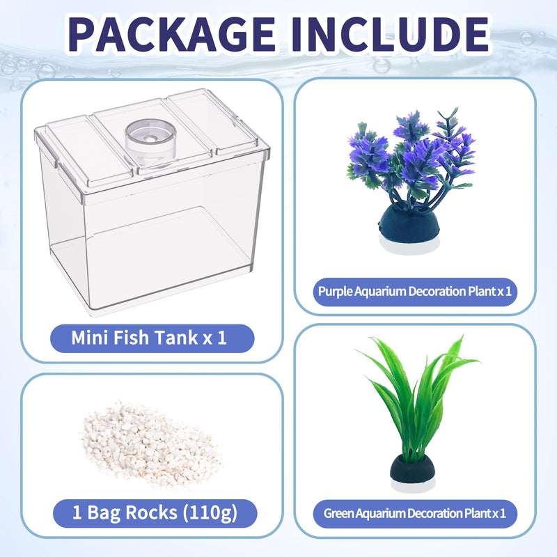 Mini Betta Fish Tank, Small Fish Bowl for Temporary Space, 0.2 Gallon Stackable Cube Tank with Artificial Plants and Gravels for Small Fish, Insect, Shrimp, Crab, Spider. (Pack-1) MiniTank 02 - PawsPlanet Australia