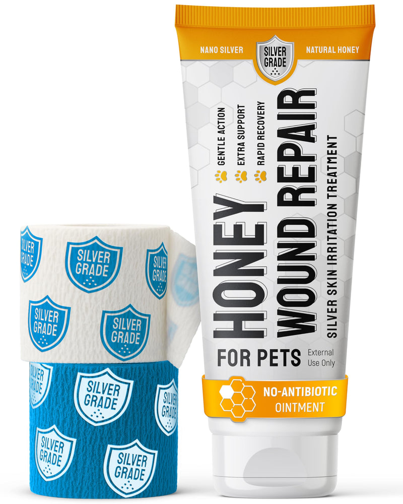 Best Hot Spot Treatment for Dogs & Horses – Dog Wound Care with Silver for Scratches, Sores, Rashes, Irritations – Honey Wound Repair Ointment in Gel Form for Horses & Cats + 2 Bandages – 2 Oz