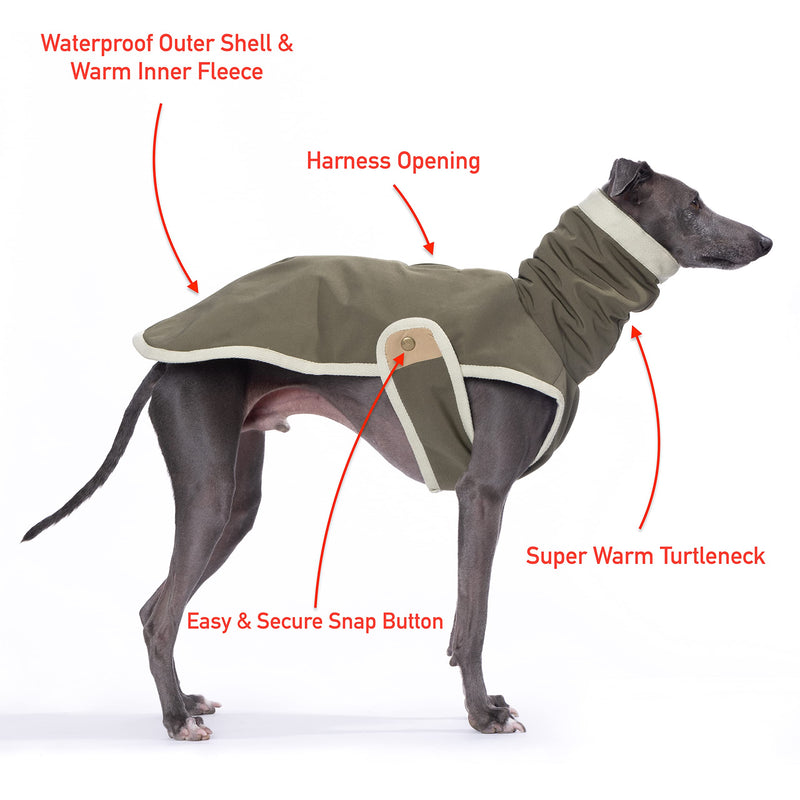 Yigi Turtleneck Jacket with Harness Opening, Fleece Lining, Adjustable, Lightweight, Breathable Jacket for Italian Greyhound Medium Sage Green - PawsPlanet Australia