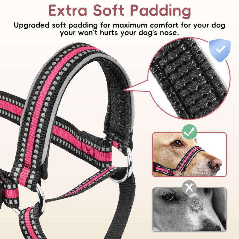 BARKLESS Soft Nylon Dog Head Collar for Large Medium Dog, Reflective Padding Head Halter for Training, Adjustable Muzzle Leash No Pulling, Jumping, Nose Leash Ideal for Walking (Pink, XL) Pink XL (Snout 12-14¼") - PawsPlanet Australia