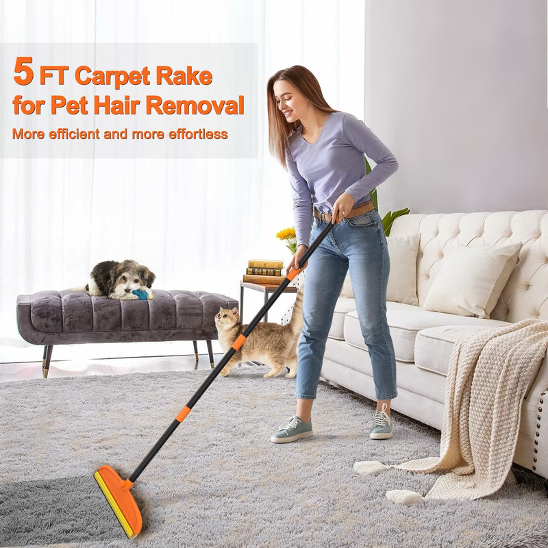 Carpet Rake for Pet Hair Removal, 5FT Reusable Pet Hair Removal Tool with Adjustable Handle, 3 in 1 Lint Remover Dog Cat Fur Remover Broom for Rugs, Mats, Beds, Stairs, Couch - PawsPlanet Australia