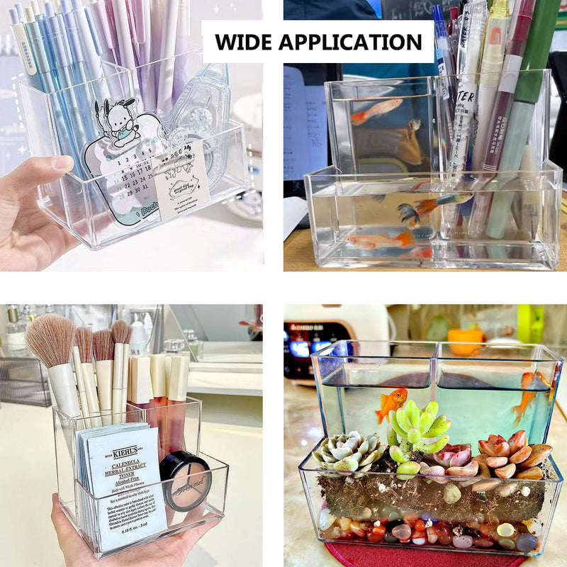 Mini Clear Acrylic Fish Tank Kit,Multifunctional Desk Aquarium Set or Pen Holder Makeup Brush Holder,Aquarium Micro Landscape Box with Tools,2 Pieces 3 compartment desk aquarium - PawsPlanet Australia