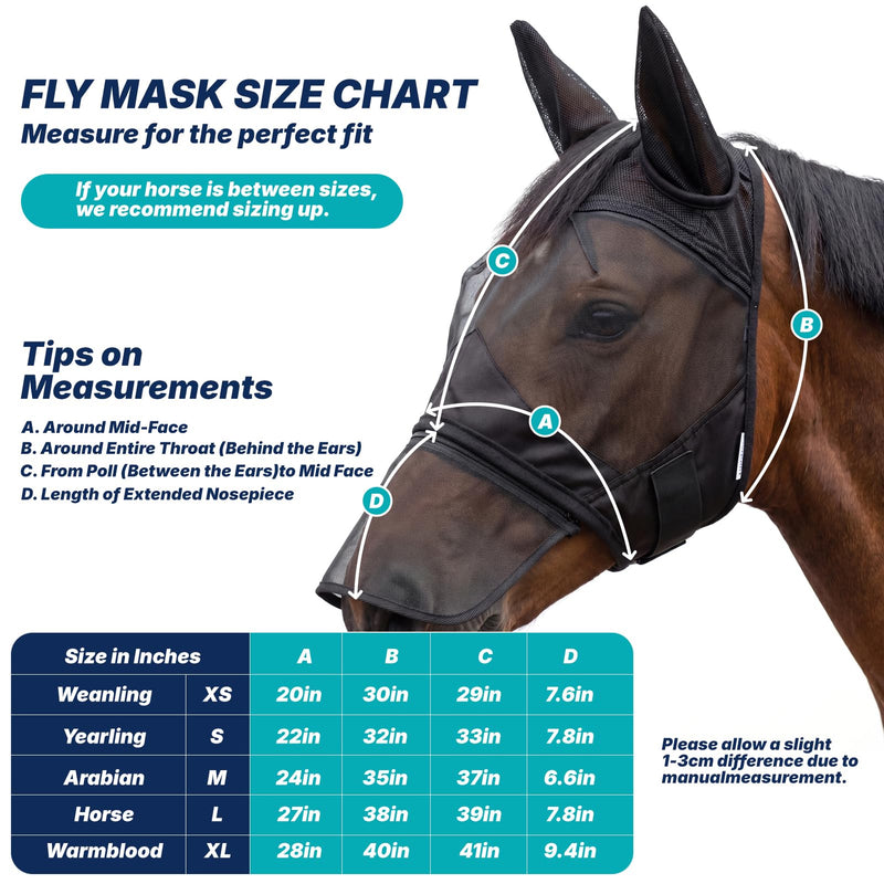 Horse Fly Mask with Ears and Detachable Nose Cover, UV Protection Breathable Mesh Equine Mask for Turnout & Training, Extra-Wide Strap for Sensitive Eyes, Adjustable (Black, L-Horse) BLACK