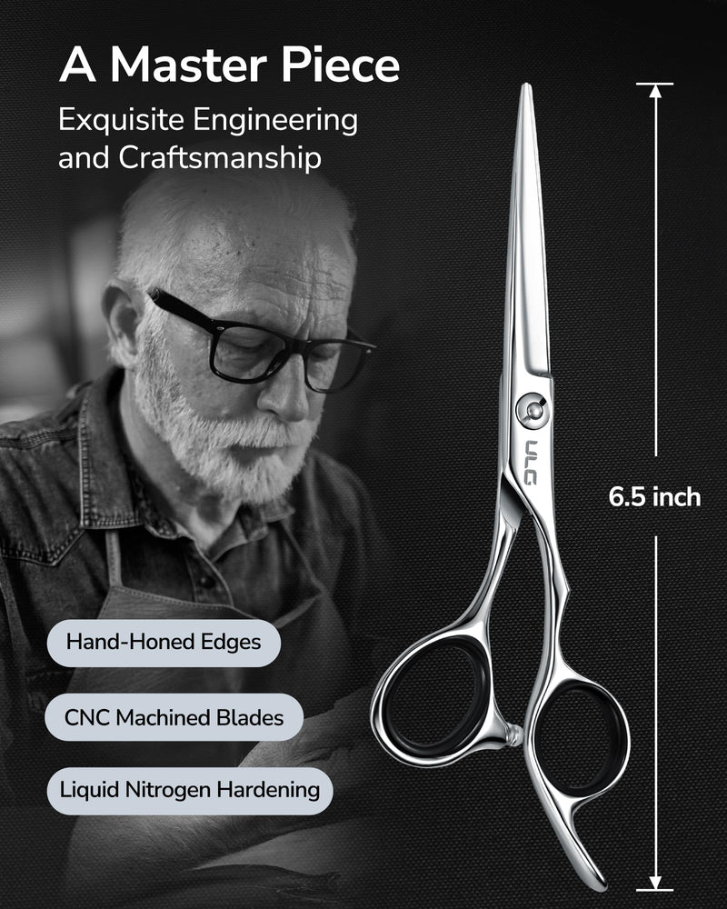 ULG Professional Hair Cutting Scissors 6.5 Inch – Japanese Stainless Steel Barber Shears for Salon & Home Haircut, Ergonomic Offset Handles with Silencer, Hand-Honed Sharp Blades, Silver - PawsPlanet Australia